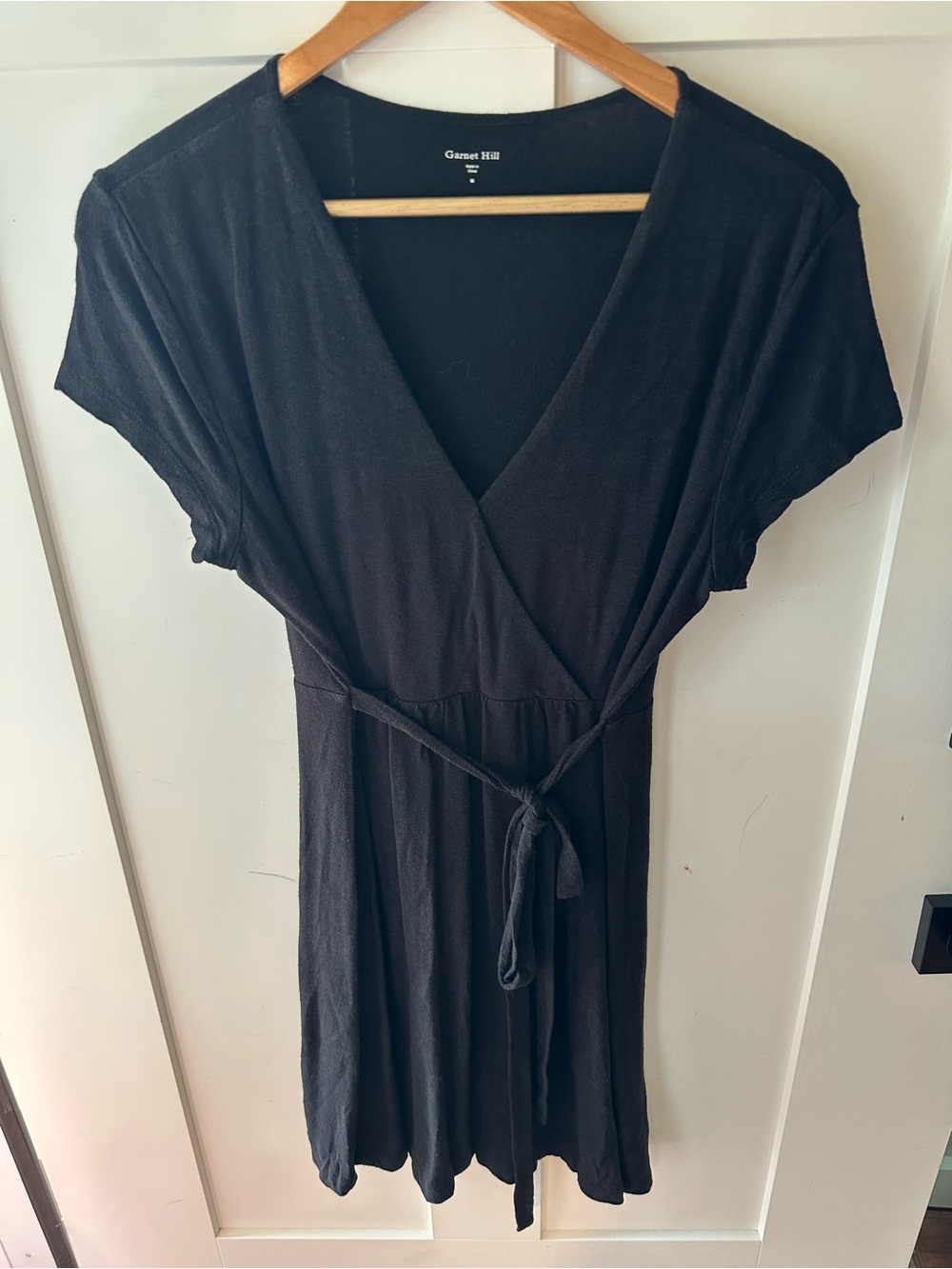 Garnet Hill Black Short-Sleeve Faux Wrap Dress